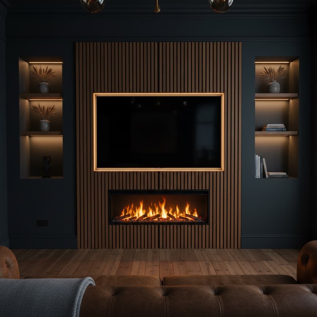 Bespoke slatted oak media wall with integrated electric fireplace and ambient lighting in a London Victorian living room