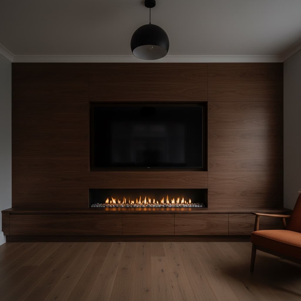 Flush Walnut Veneer media wall installation example